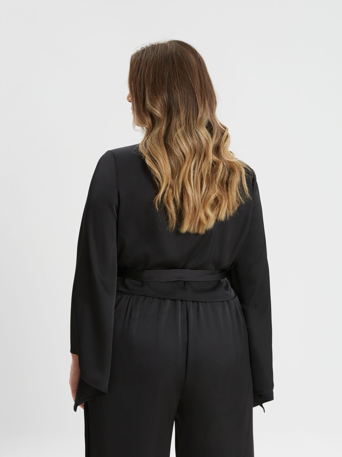 Satin wrap top with flared sleeves