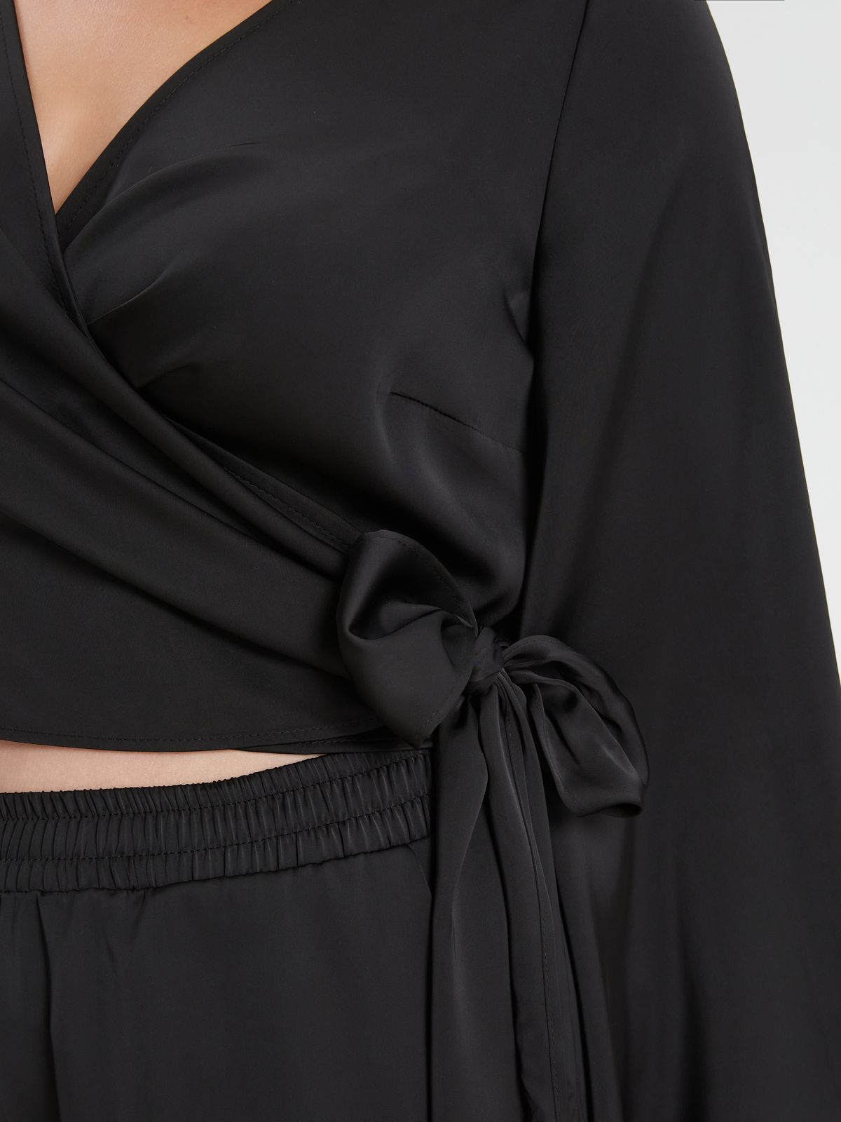 Satin wrap top with flared sleeves