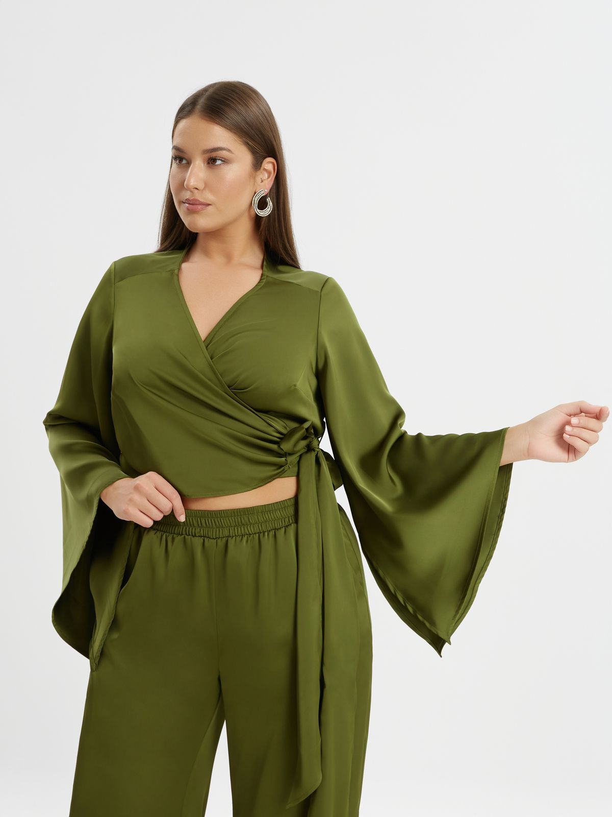 Satin wrap top with flared sleeves