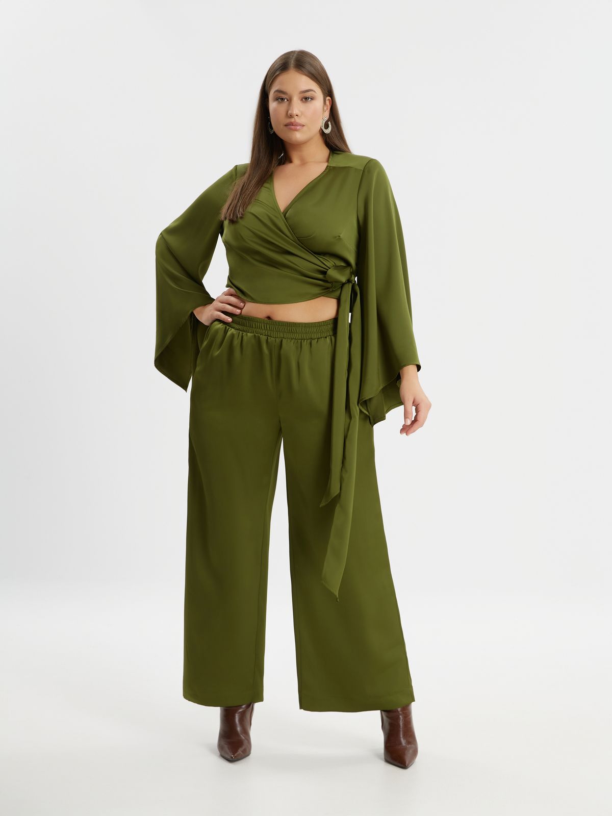 Satin wrap top with flared sleeves