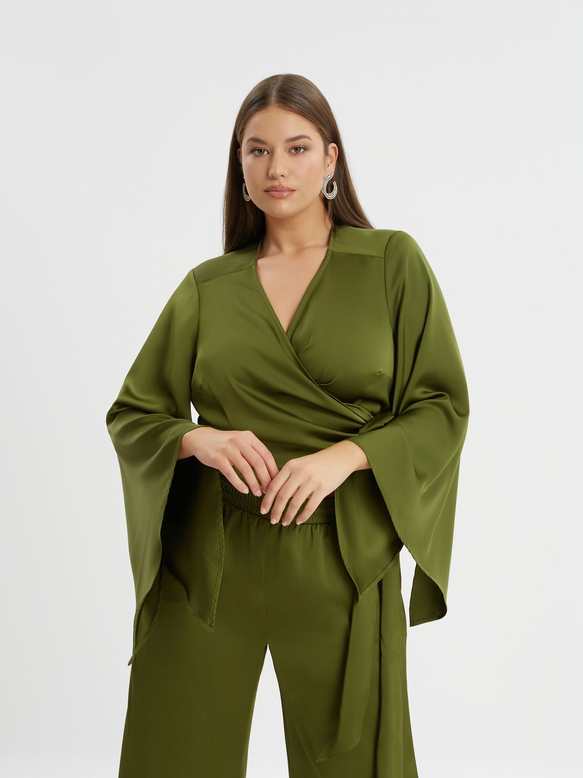 Satin wrap top with flared sleeves