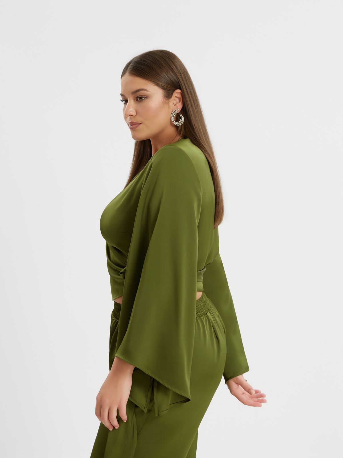 Satin wrap top with flared sleeves