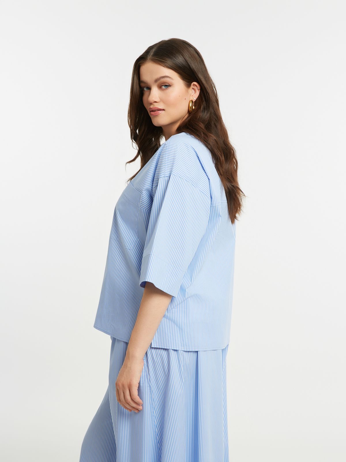 Pinstripe cotton-blend blouse with chest pocket & modern neckline 