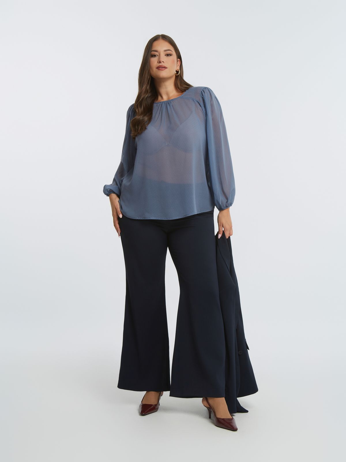 Sheer polka-dot chiffon blouse with balloon sleeves