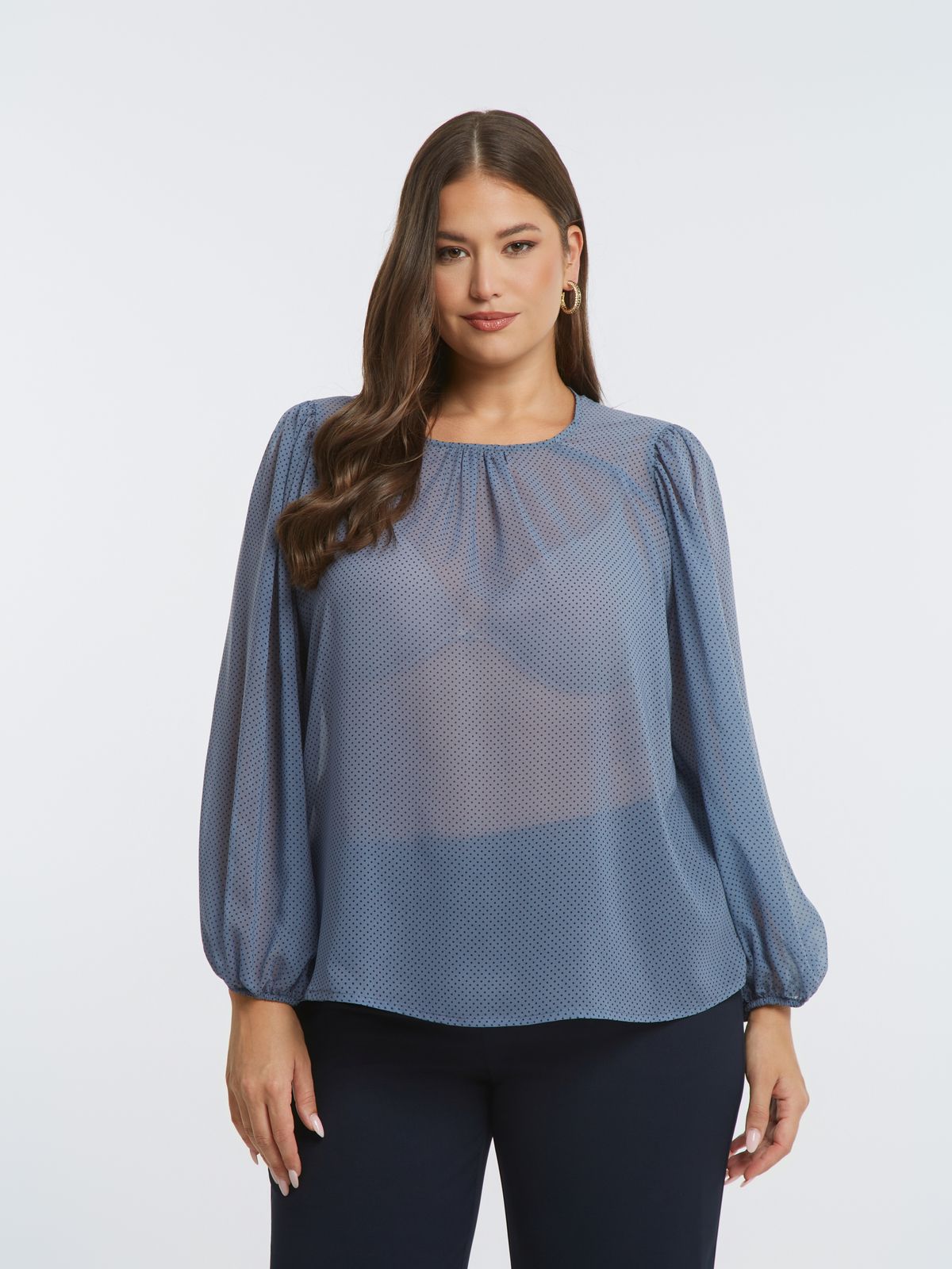 Sheer polka-dot chiffon blouse with balloon sleeves