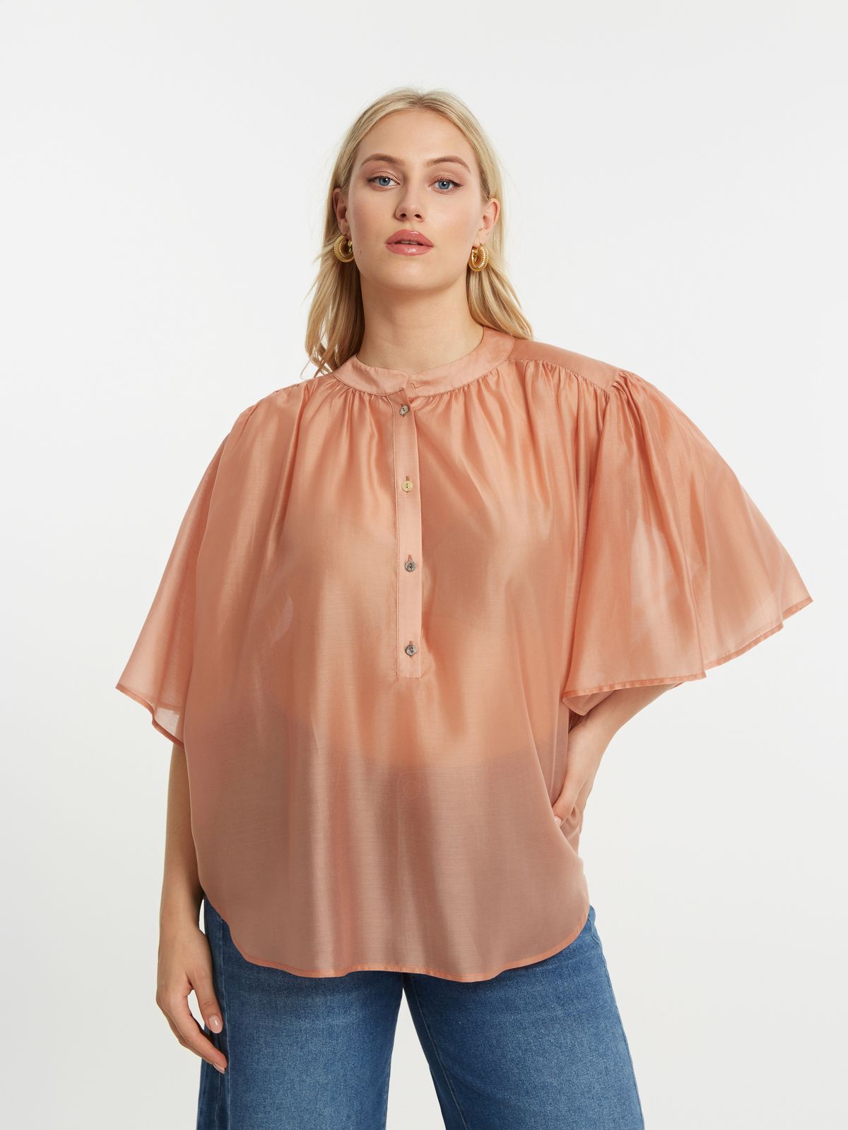 Pleated sleeve lyocell blouse