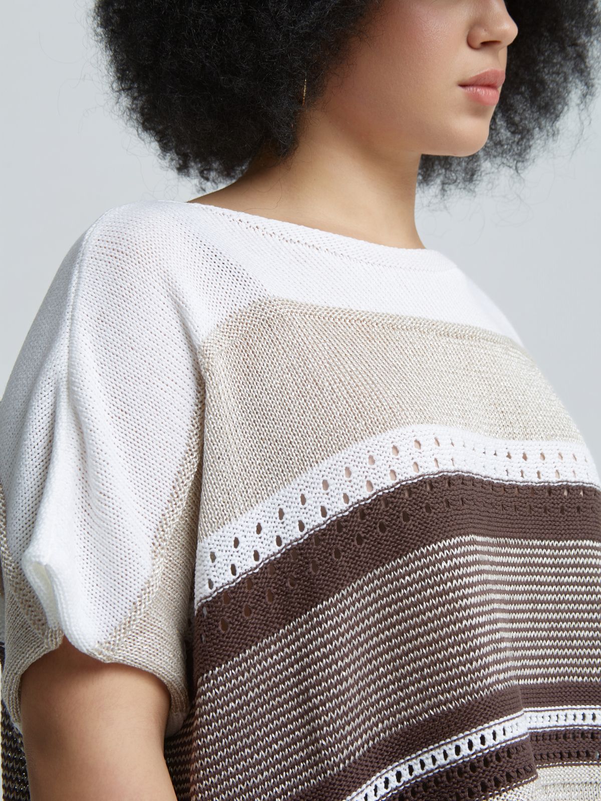 Color-block knit top with openwork details