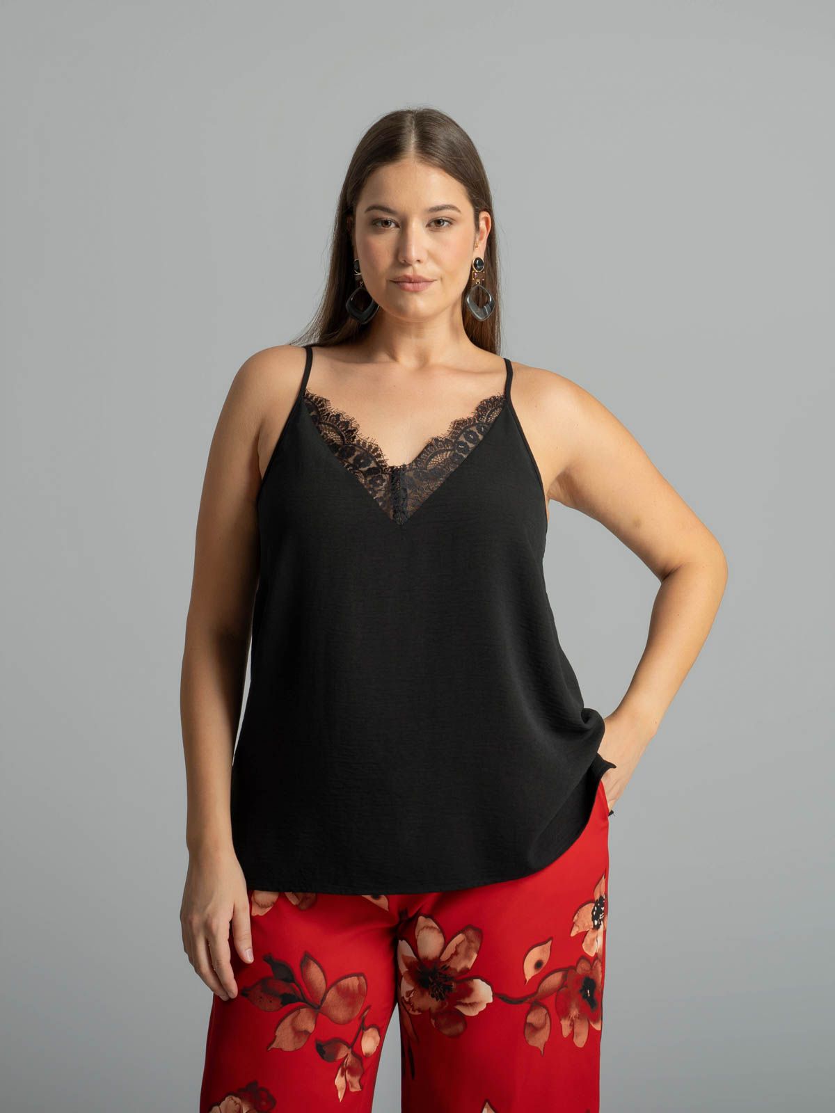 Camisole top with lace V-neck detail