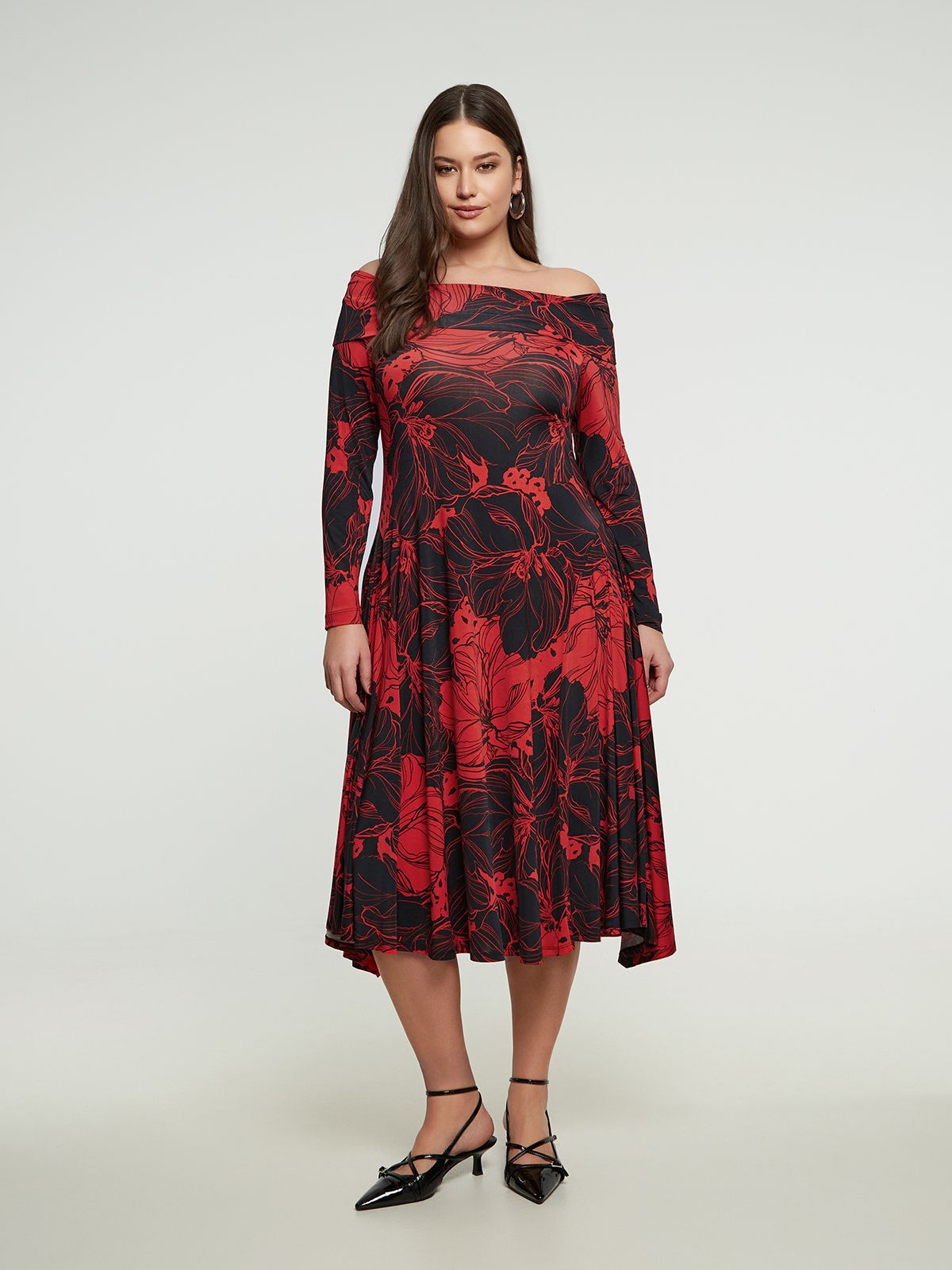 Off-shoulder midi dress in floral print