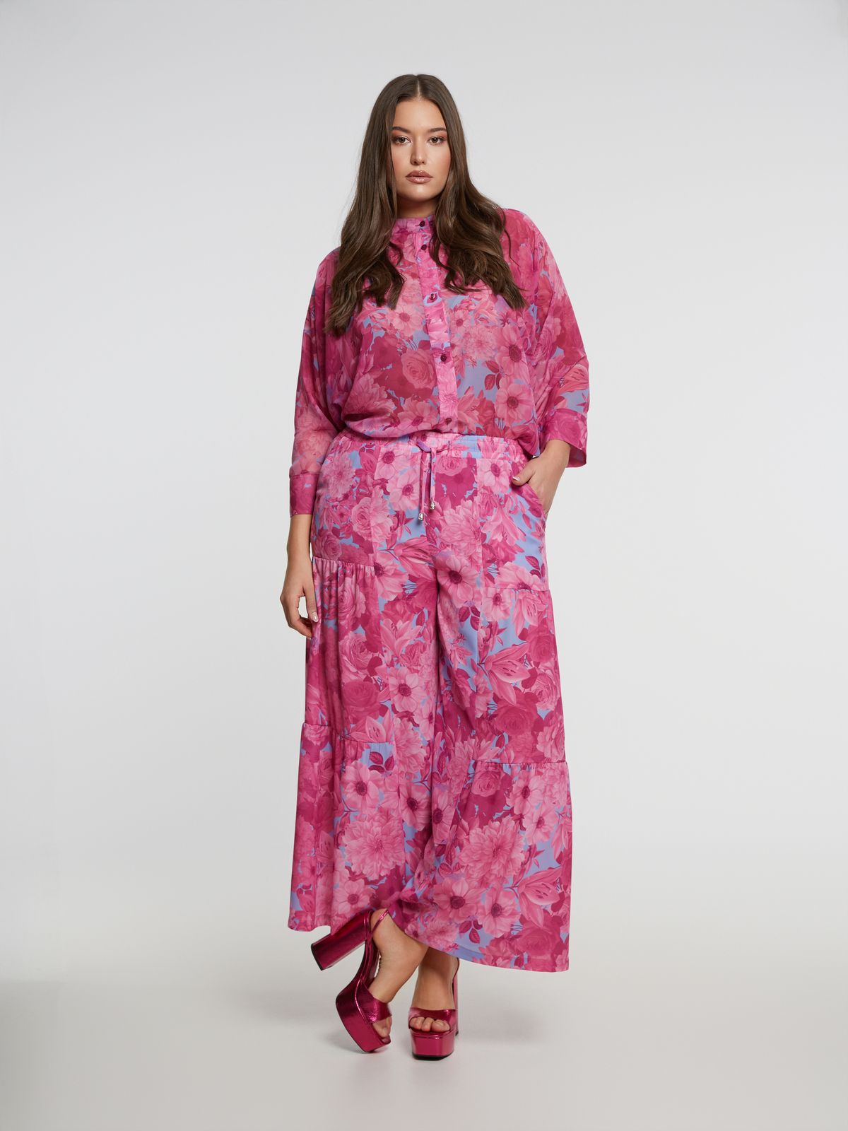 Floral wide-leg tiered pants