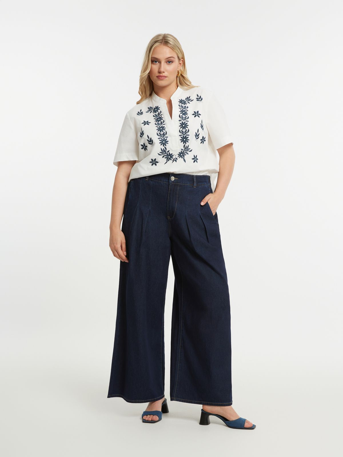 Cotton denim wide-leg pants