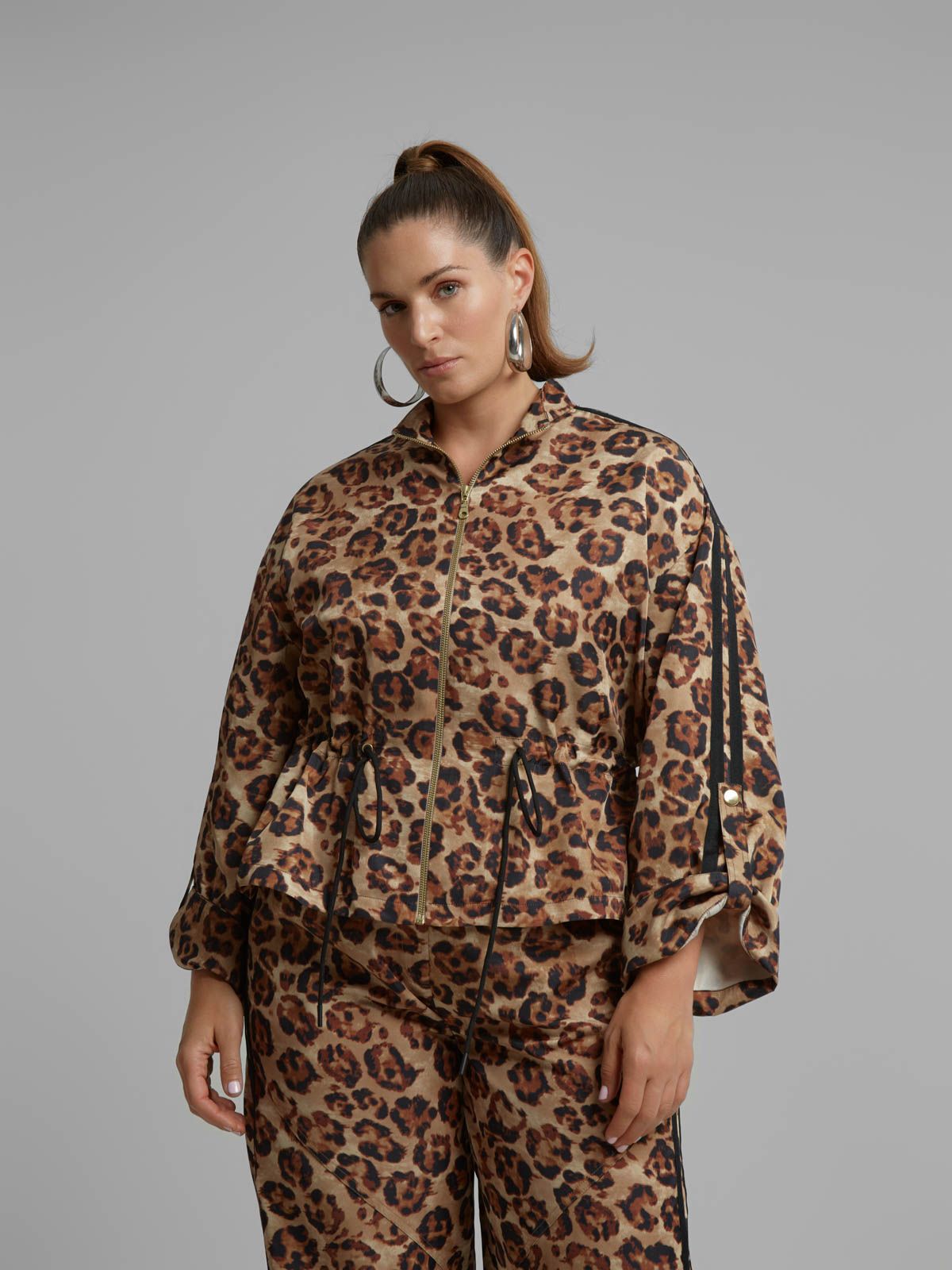 Leopard print jacket with adjustable drawstring waist