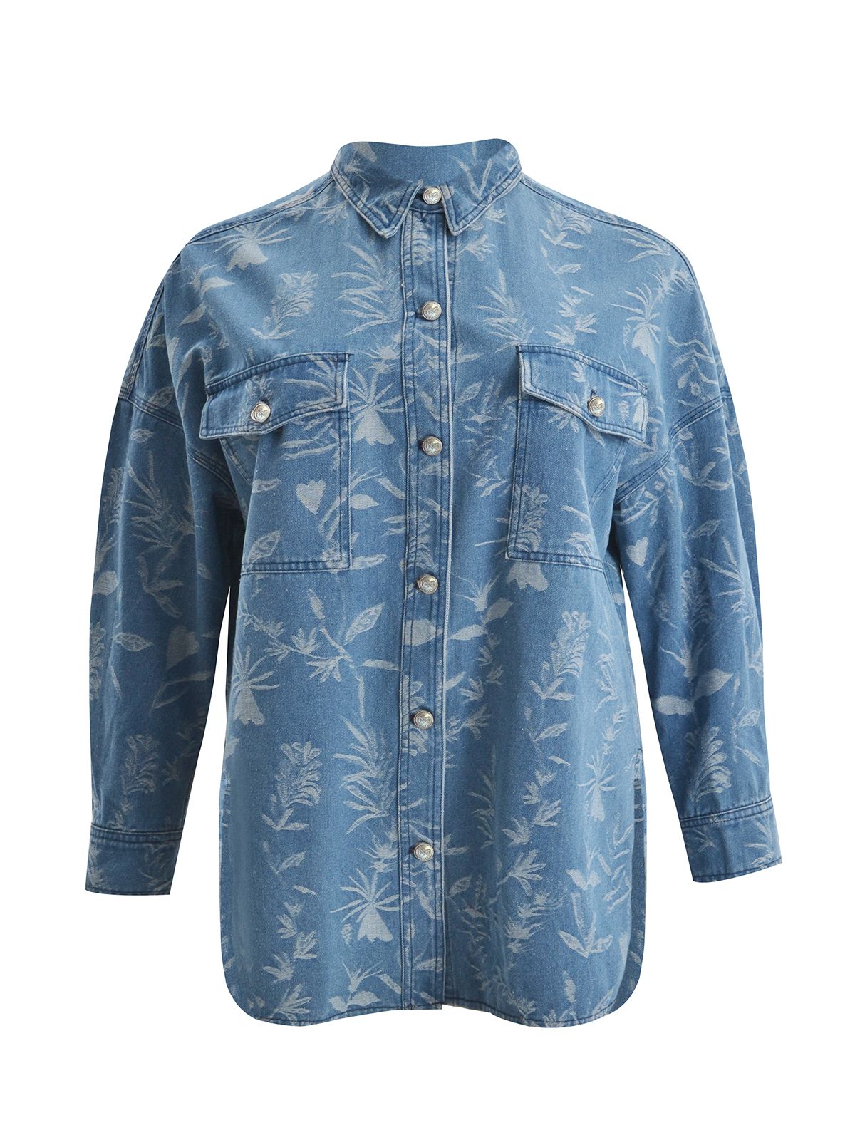 Oversized printed denim long-sleeve shirt