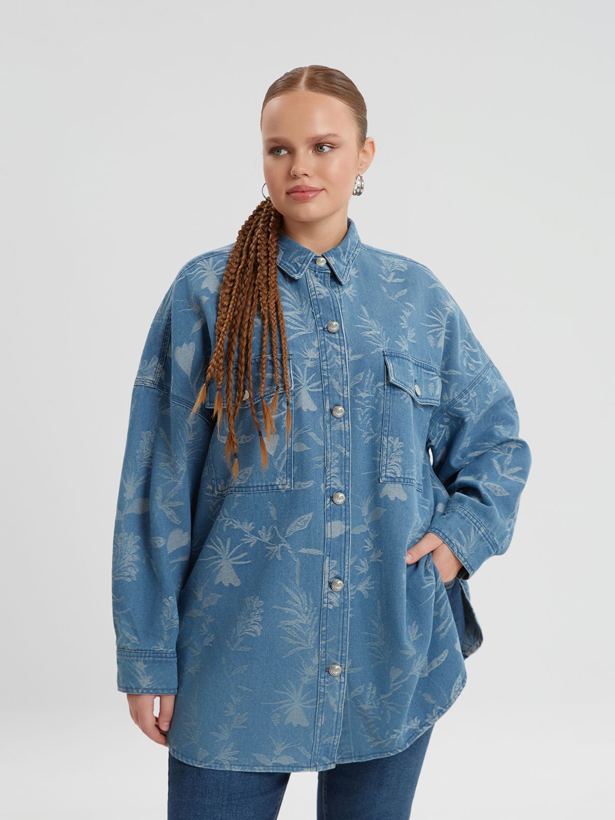 Oversized printed denim long-sleeve shirt