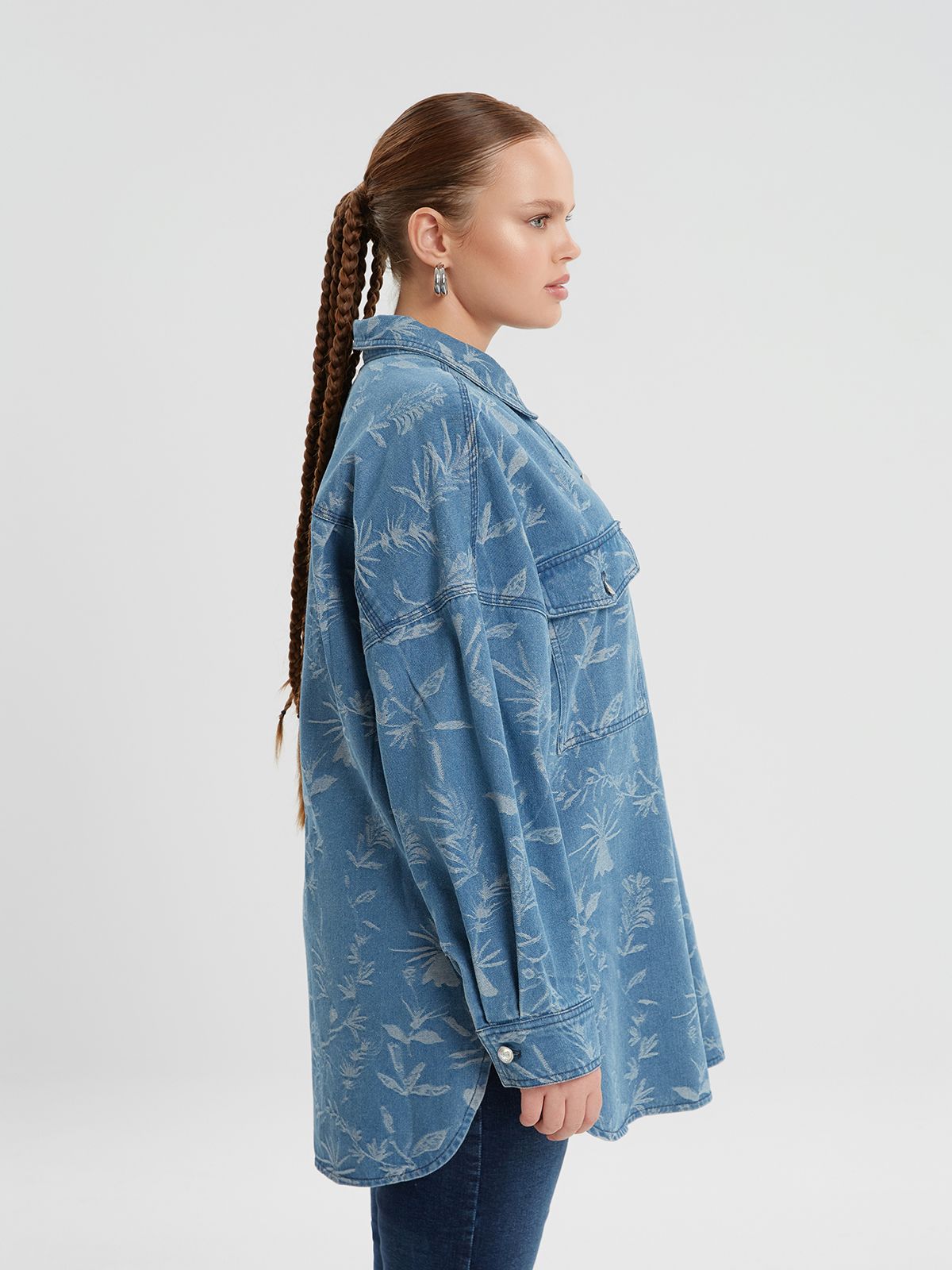 Oversized printed denim long-sleeve shirt