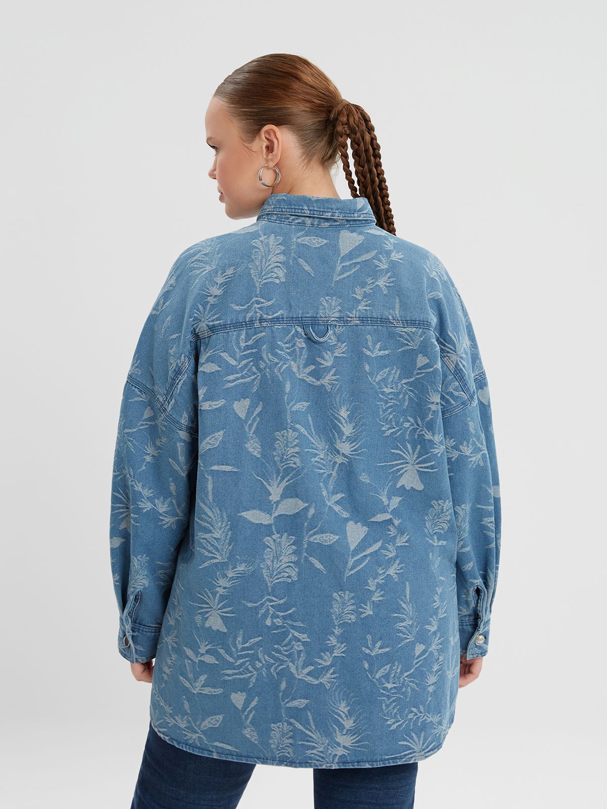 Oversized printed denim long-sleeve shirt