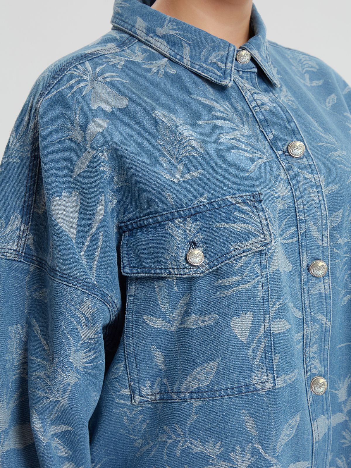 Oversized printed denim long-sleeve shirt