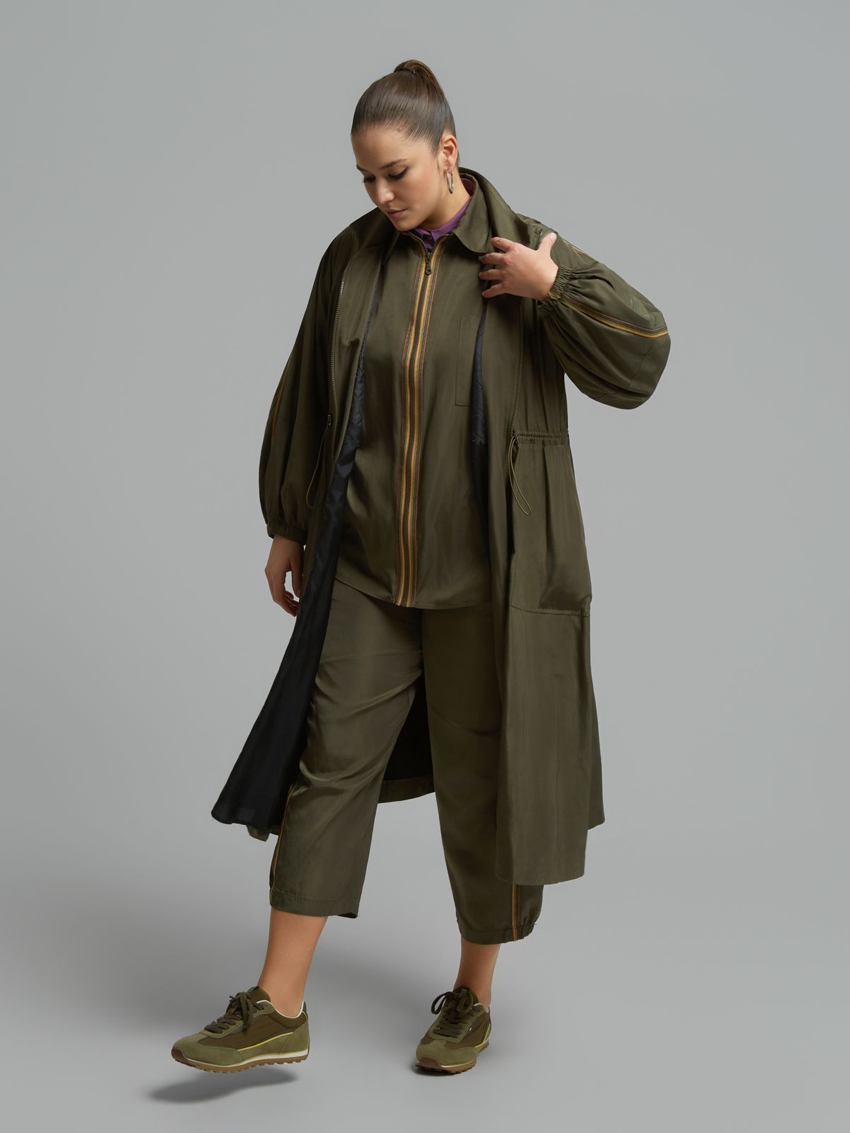 Parachute-fabric tunic dress with zipper and colorful stripe details
