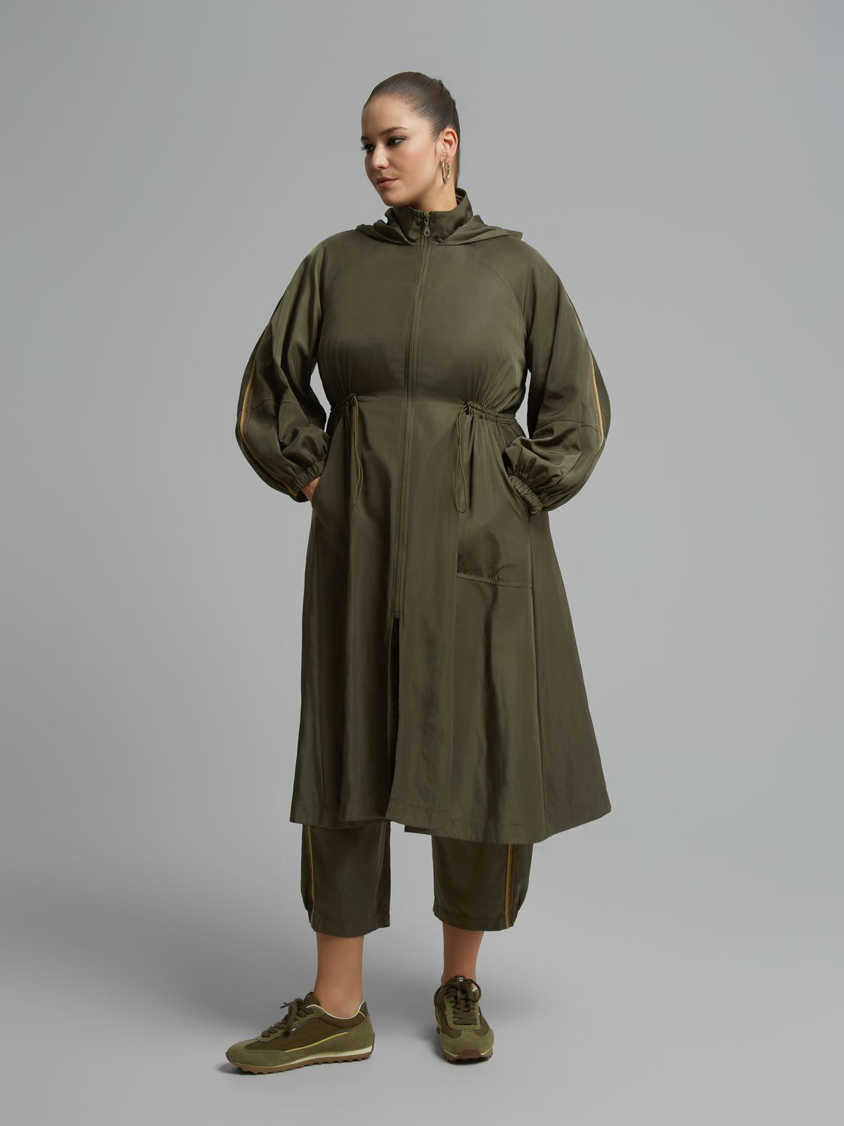 Parachute-fabric tunic dress with zipper and colorful stripe details