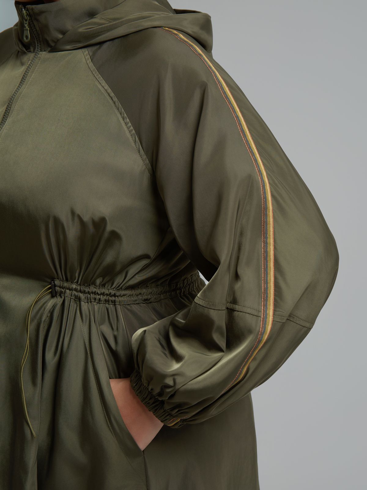 Parachute-fabric tunic dress with zipper and colorful stripe details