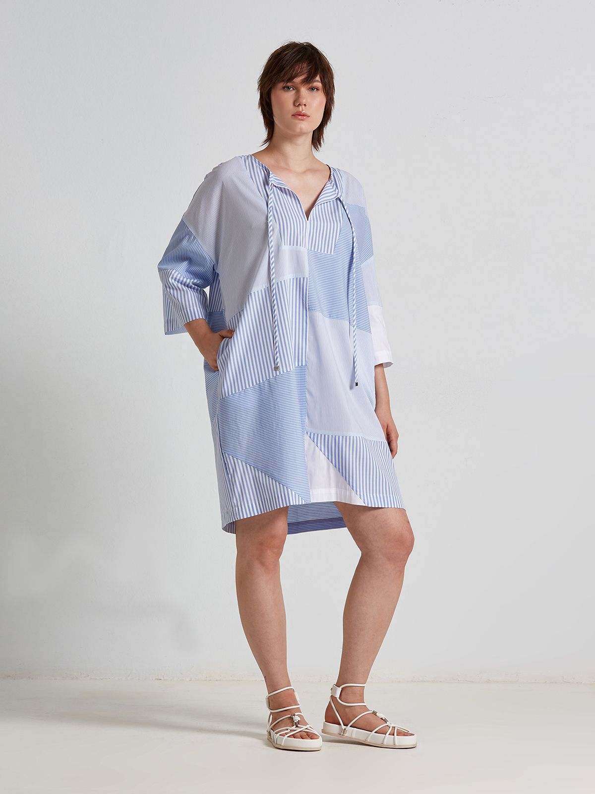 Patchwork striped cotton-poplin dress