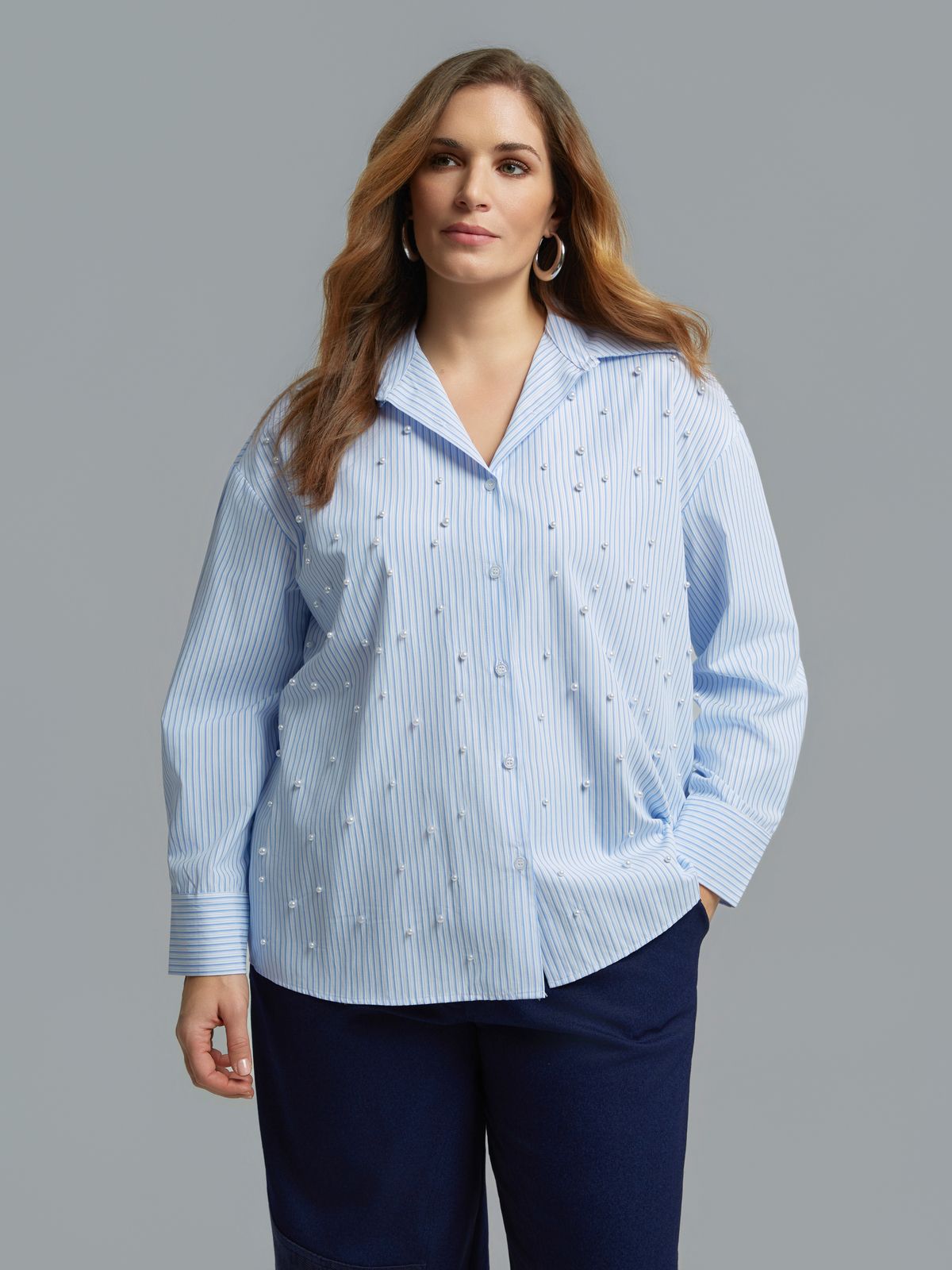 Pearl-embellished viscose blend pinstripe shirt