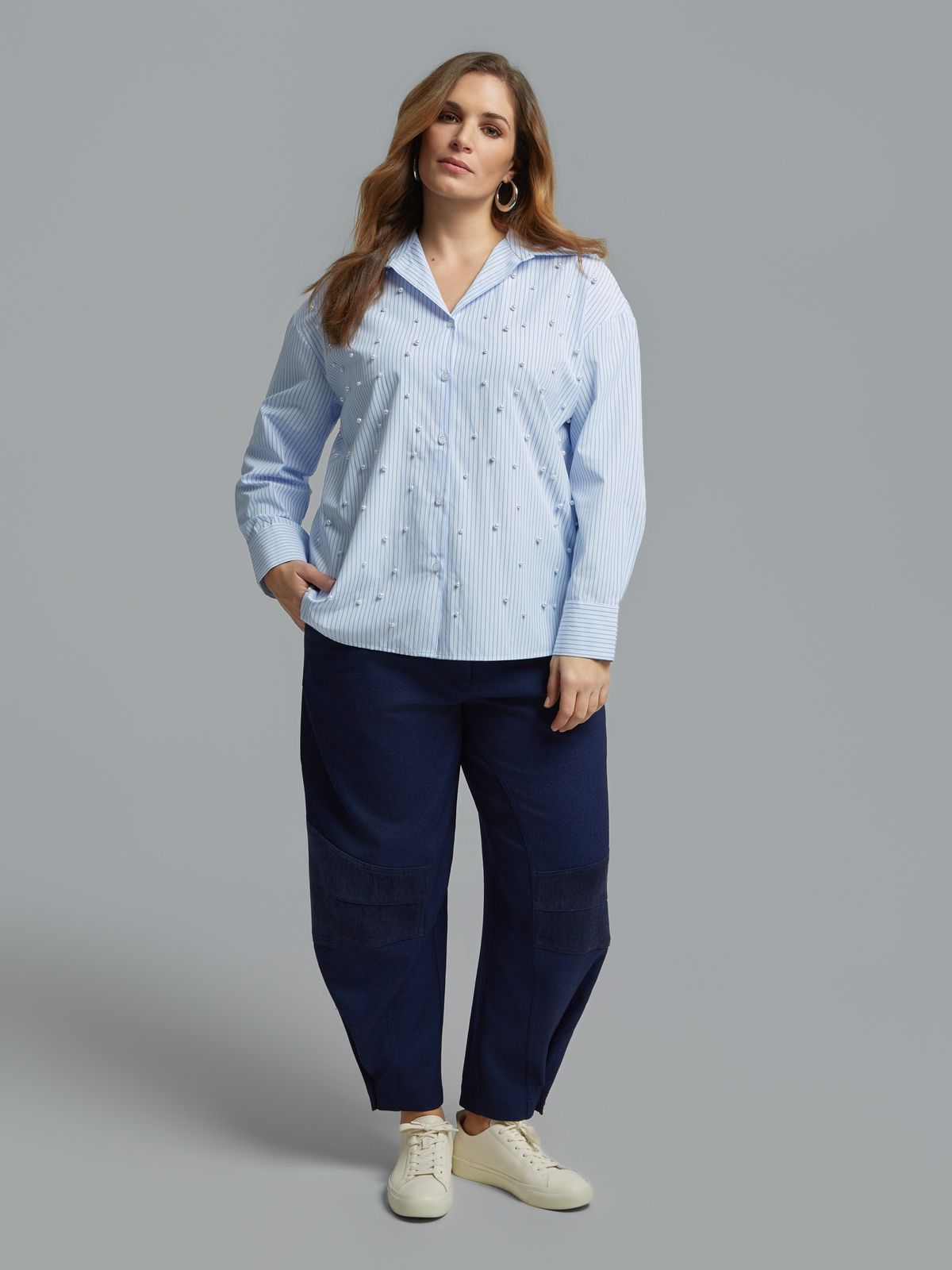 Pearl-embellished viscose blend pinstripe shirt