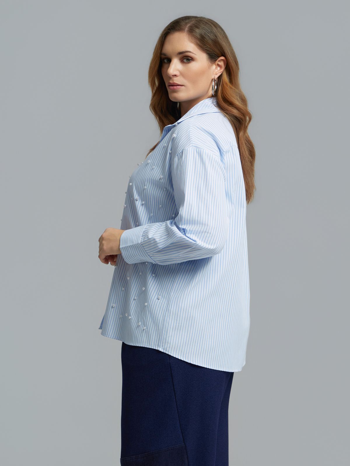 Pearl-embellished viscose blend pinstripe shirt
