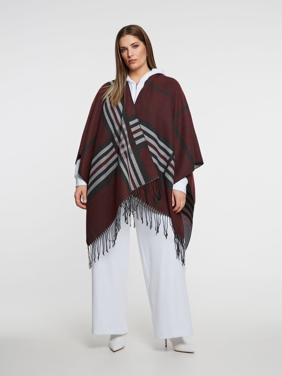 Plaid fringe cape