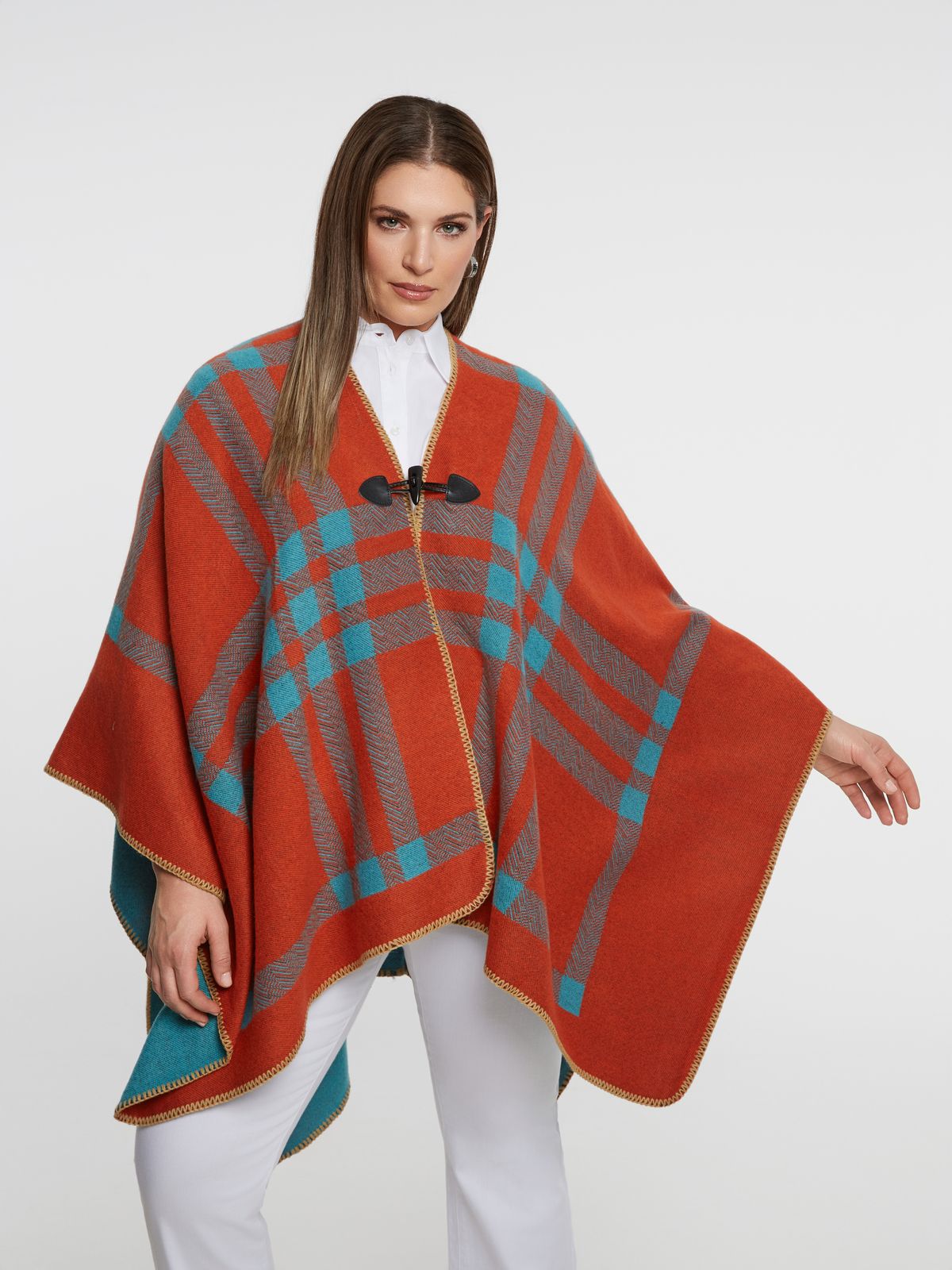 Plaid poncho with toggle closure