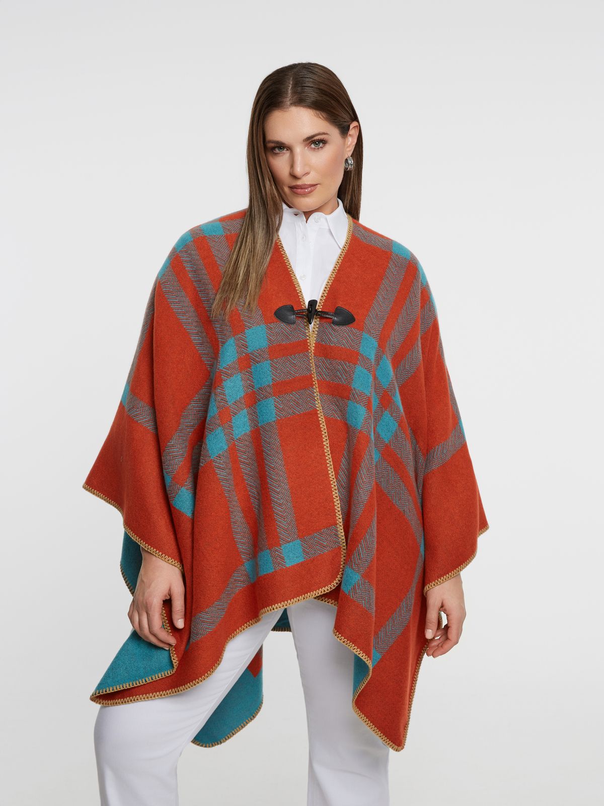Plaid poncho with toggle closure