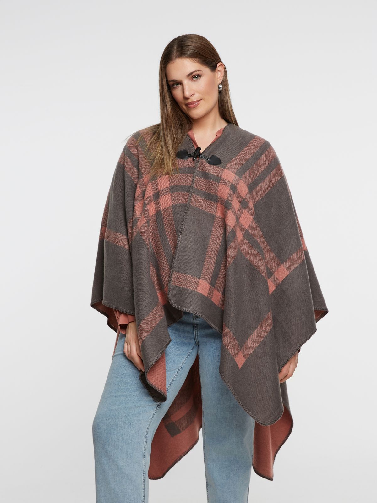 Plaid poncho with toggle closure