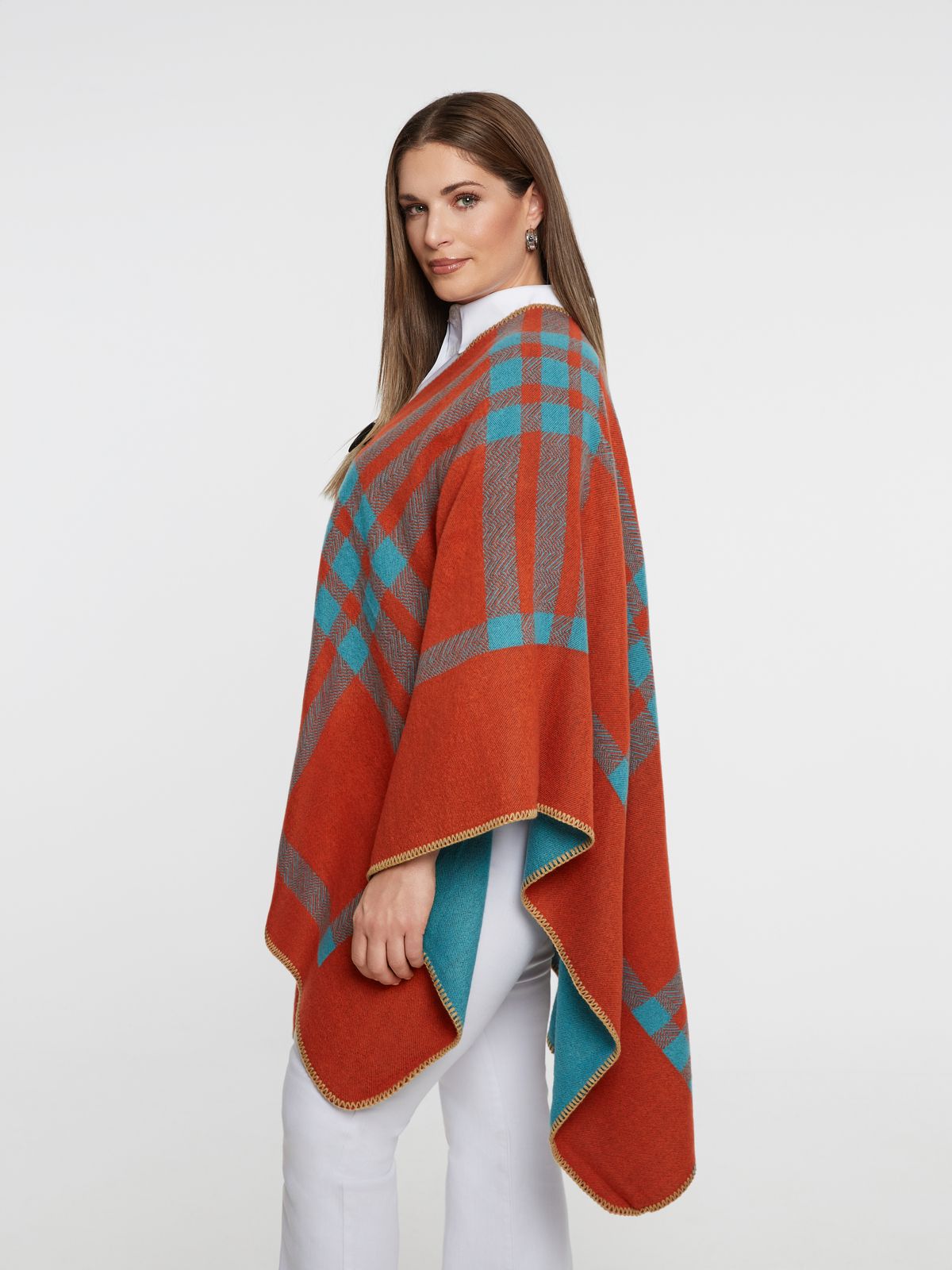 Plaid poncho with toggle closure