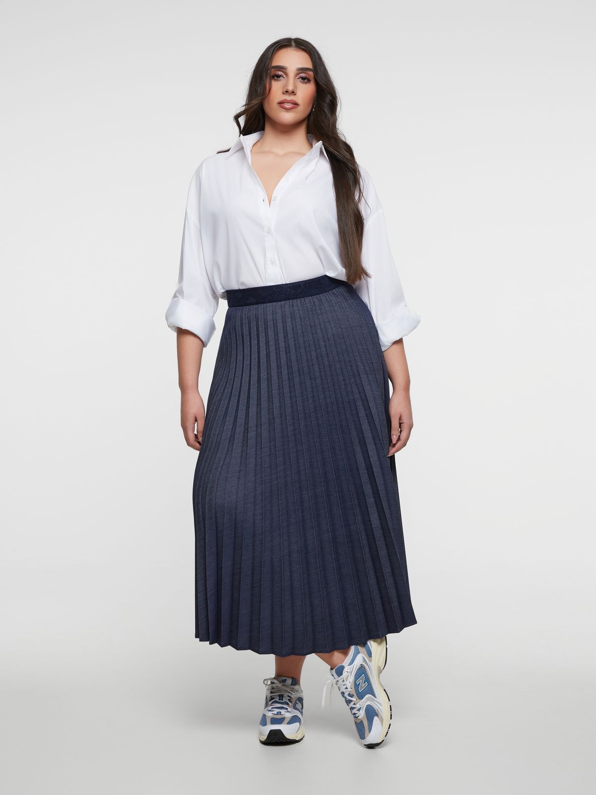 Pleated denim midi skirt