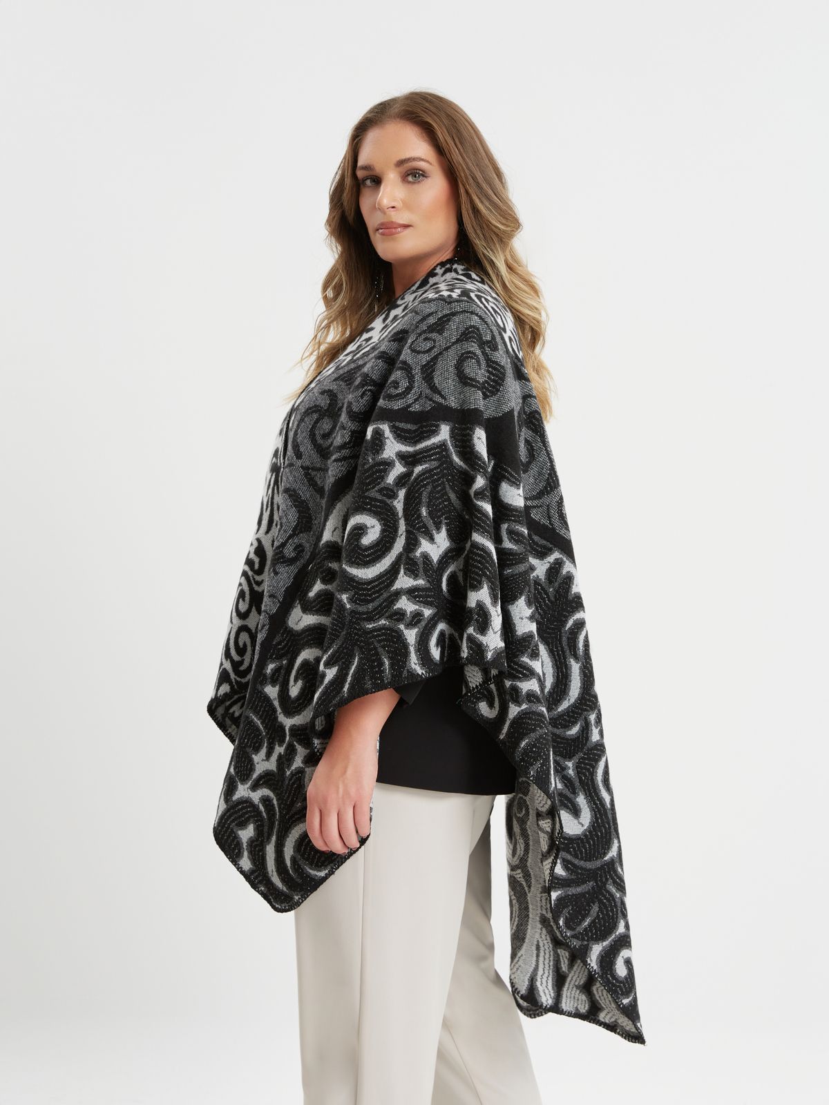 Black and grey patterned poncho
