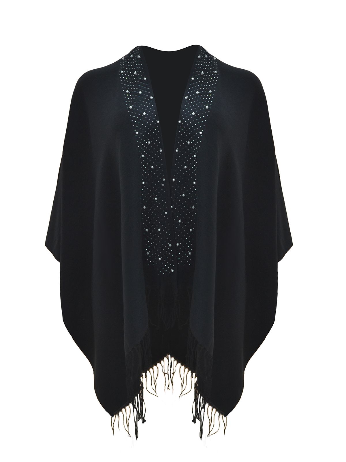 Black cape with pearl detail and fringe