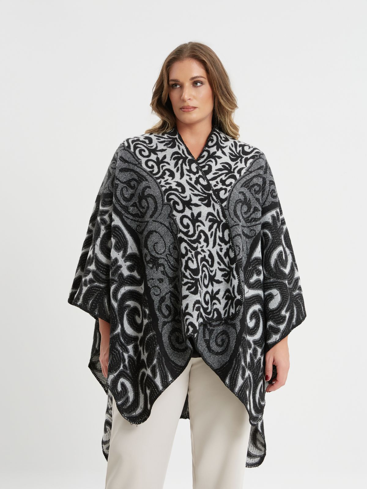 Black and grey patterned poncho