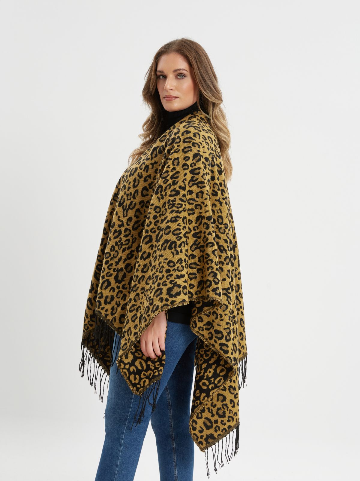 Leopard print fringe cape