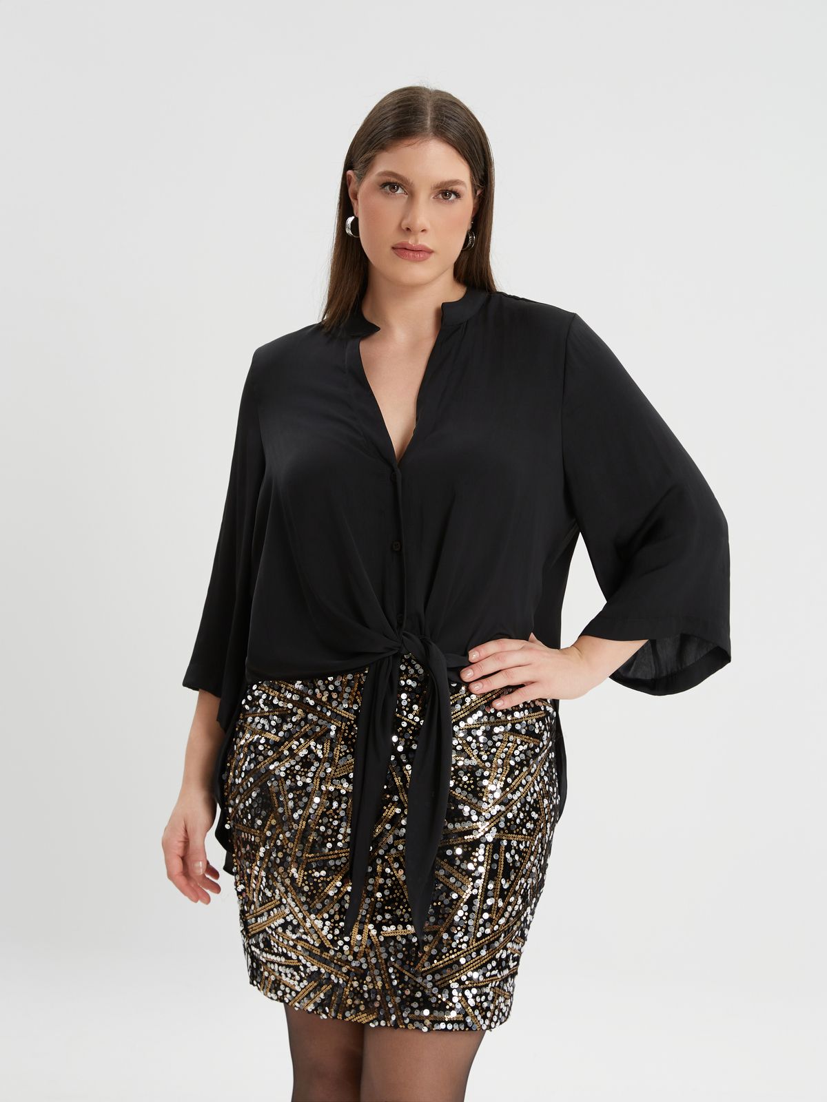 Black satin tie-front shirt
