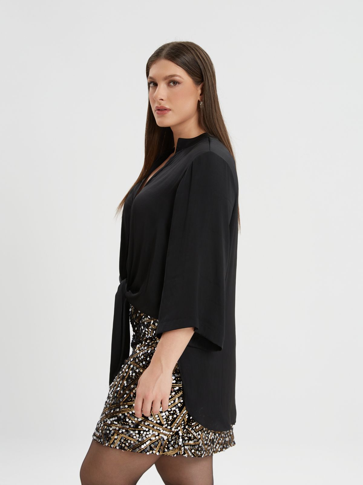 Black satin tie-front shirt