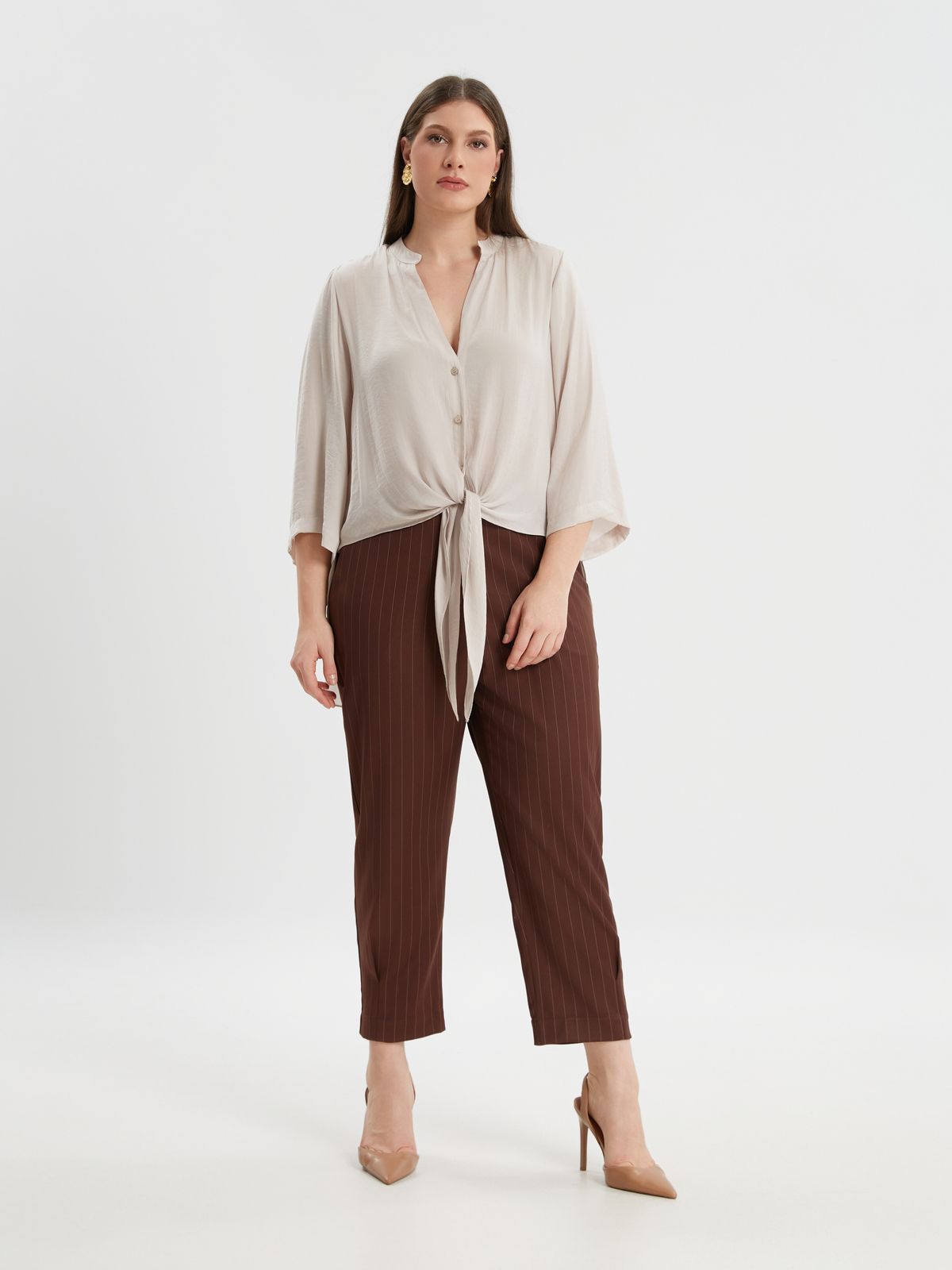 Cream satin tie-front shirt