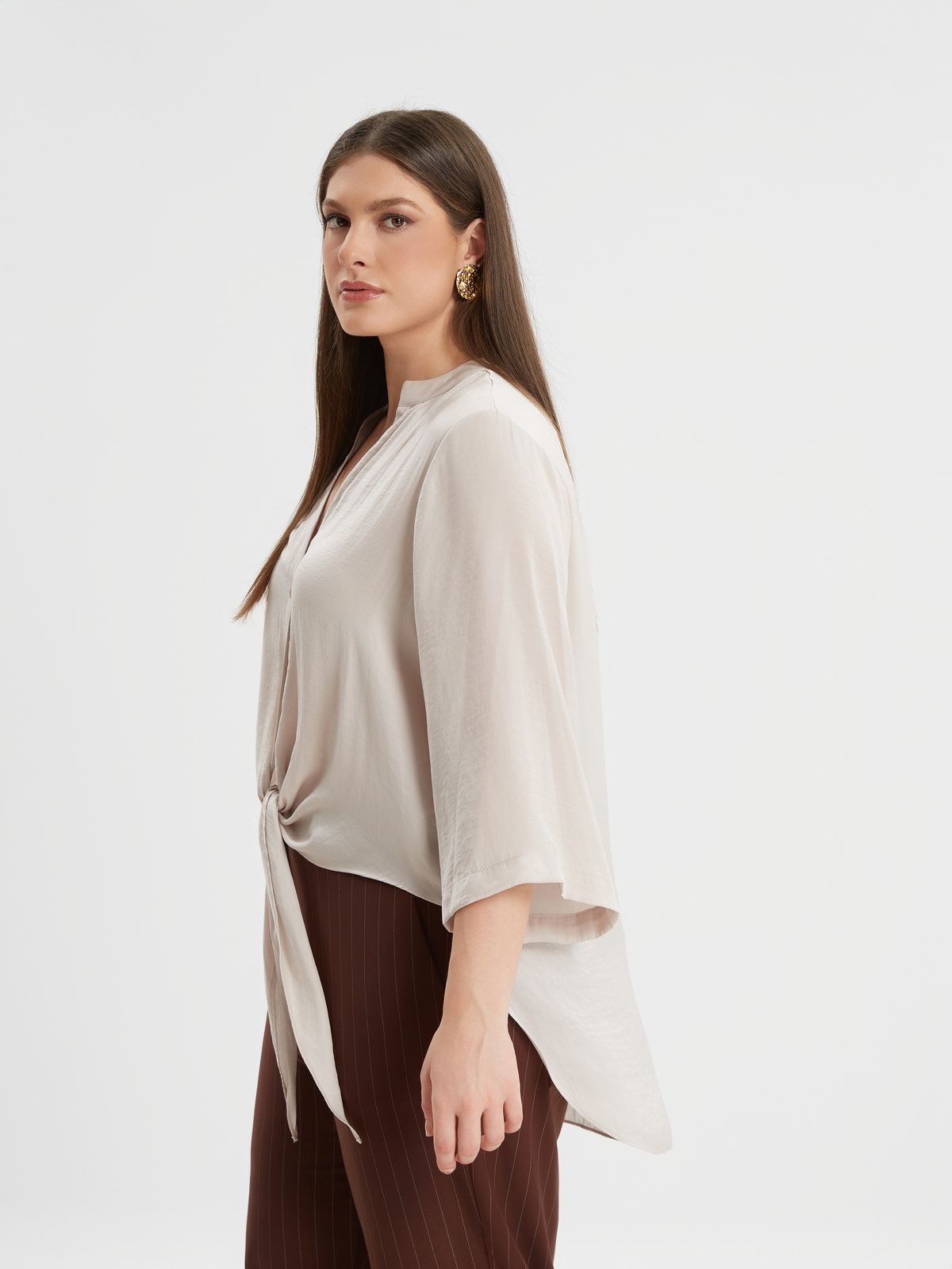 Cream satin tie-front shirt