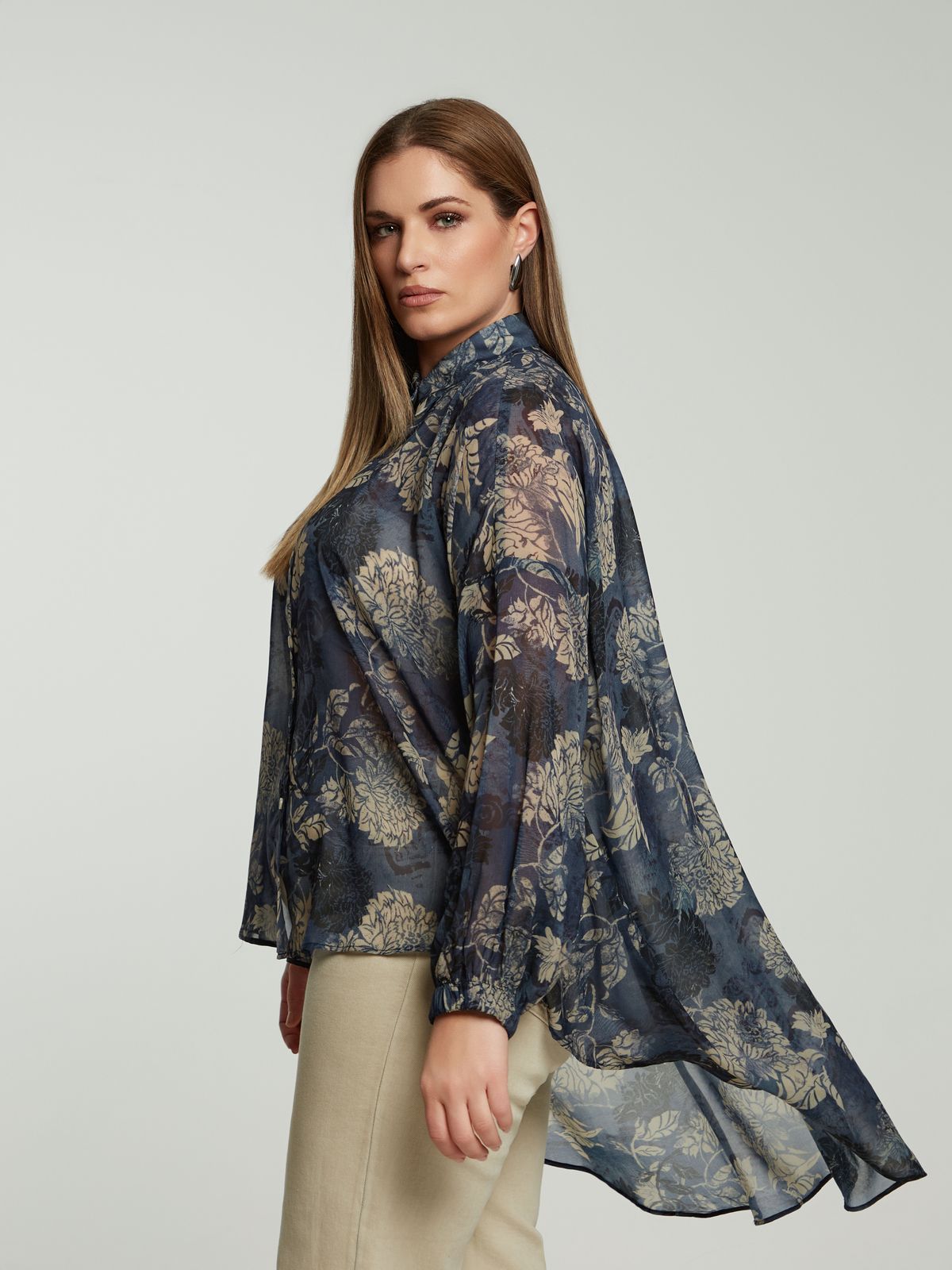 Floral sheer shirt with dipped back