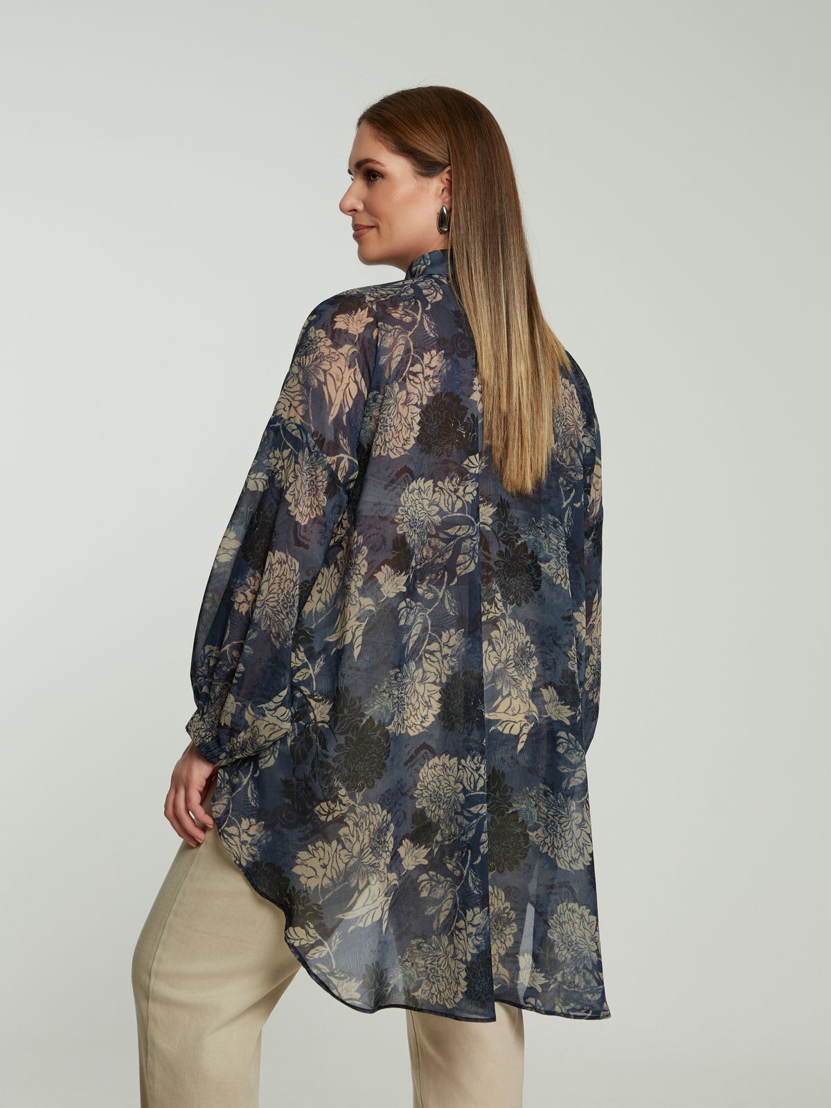 Floral sheer shirt with dipped back