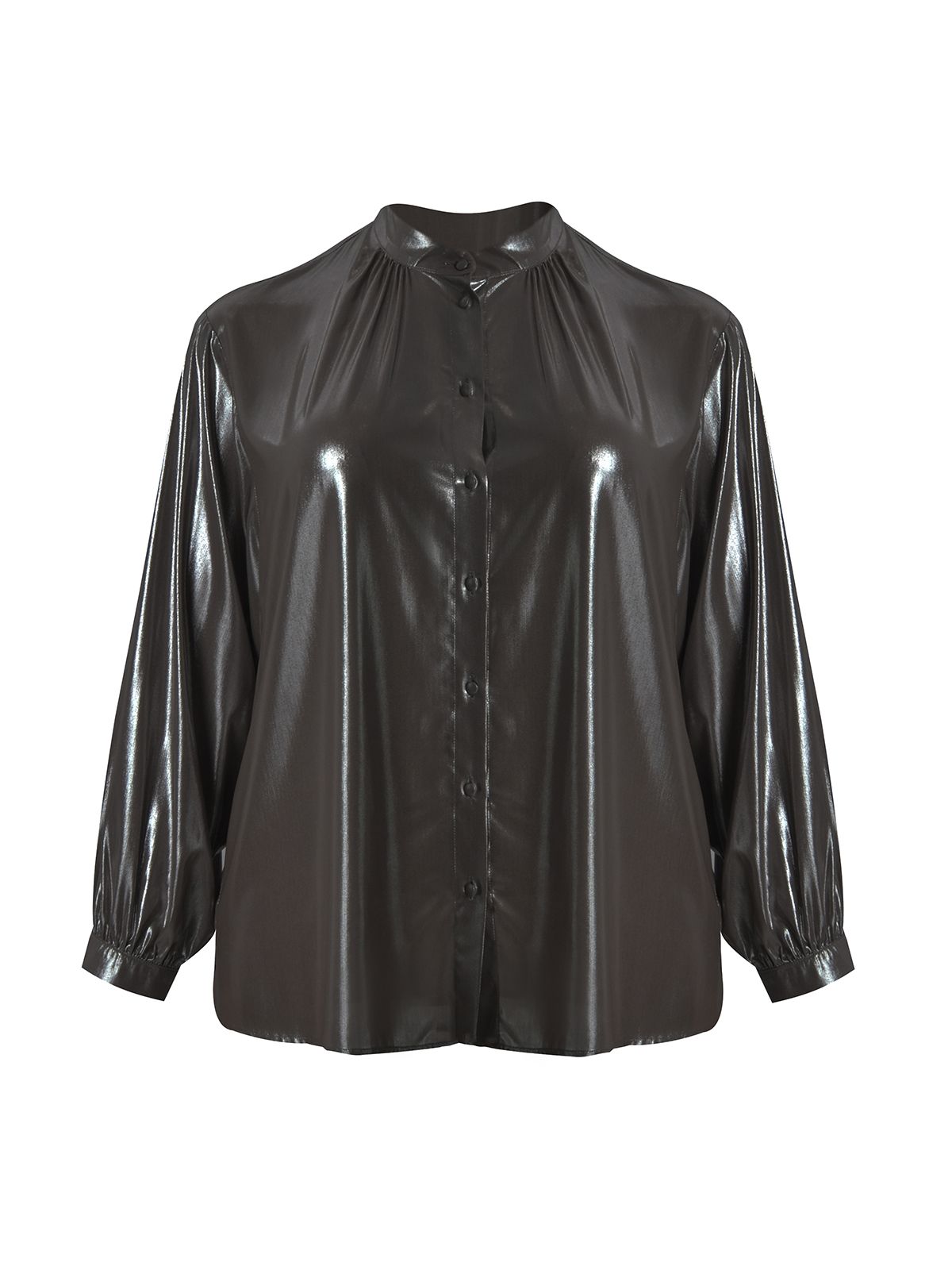Metallic button-up shirt with balloon sleeves
