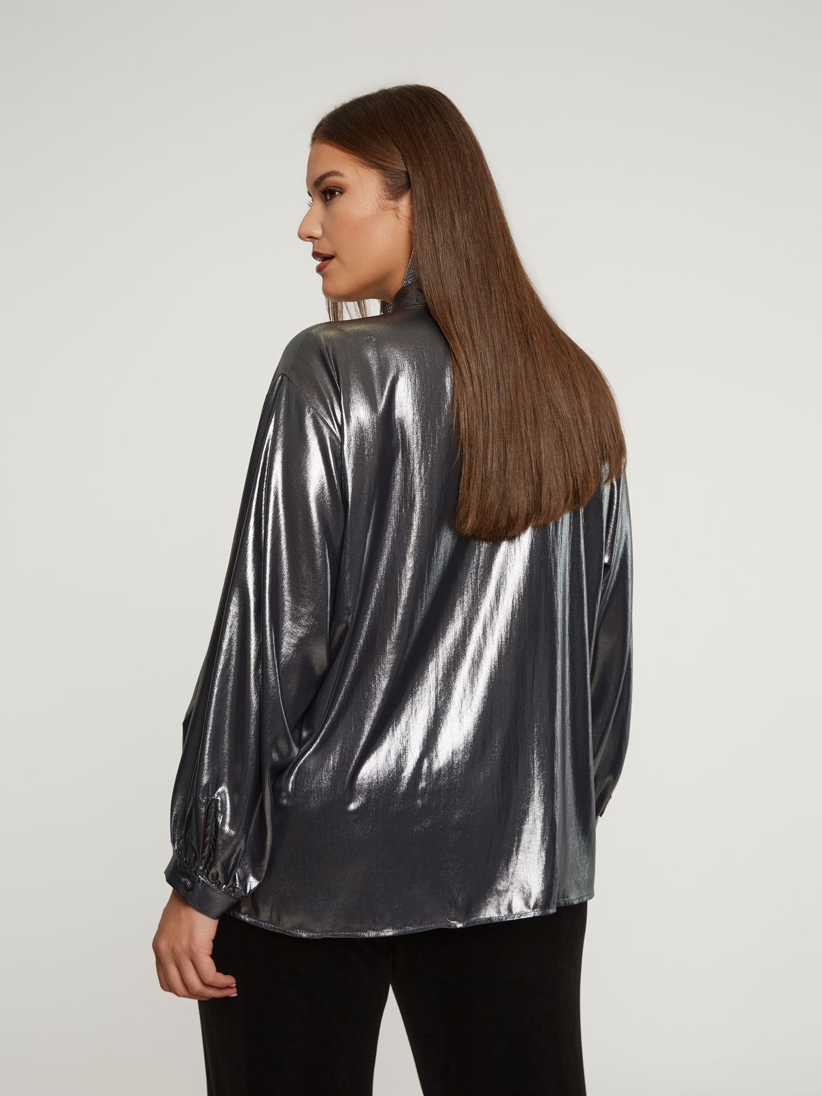 Metallic button-up shirt with balloon sleeves