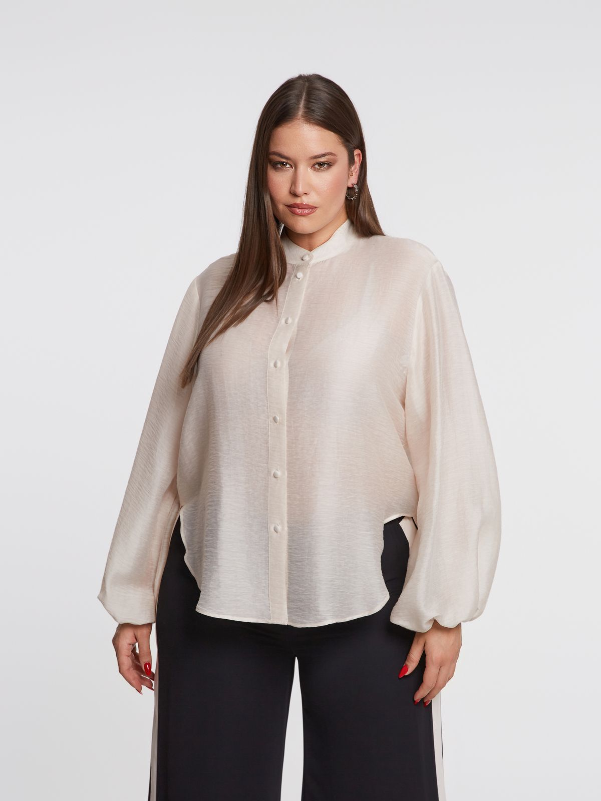 Balloon-sleeve mao shirt in lyocell-linen blend