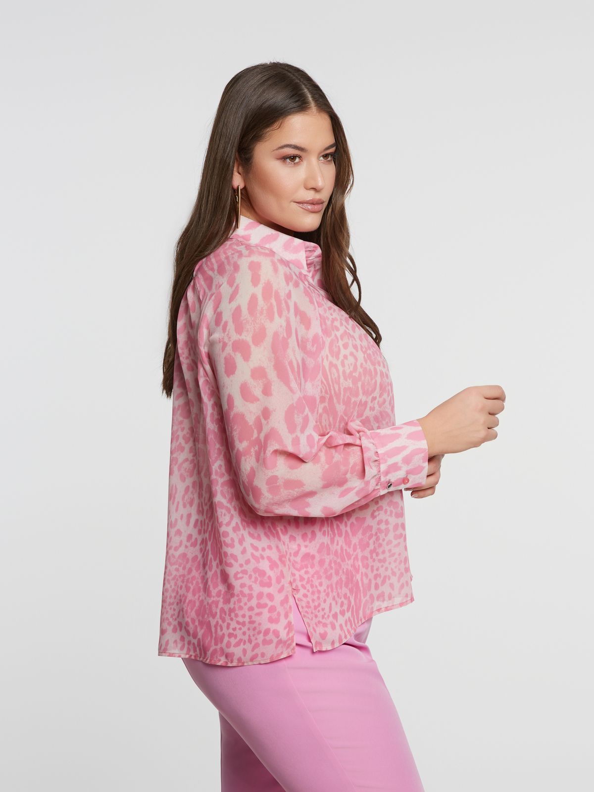 Ruffled button-up shirt in animal print