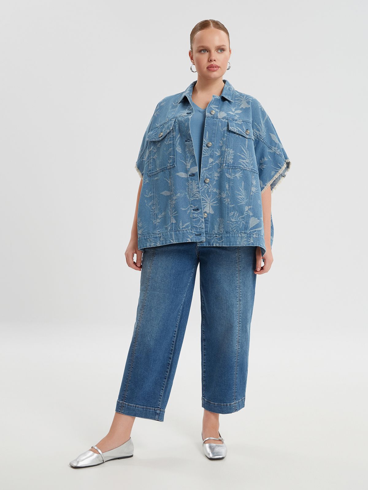 Oversized printed denim shirt