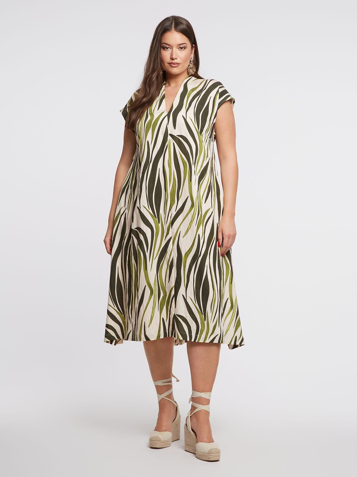 Printed viscose midi dress with abstract botanical motif